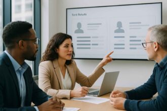 Hiring team evaluating candidate reasoning scores in a meeting.