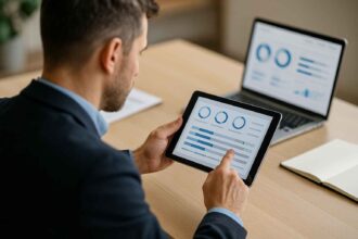 Hiring manager reviewing verbal reasoning score report on tablet