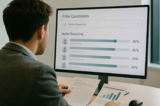 Recruiter filtering candidates using verbal reasoning test scores in an applicant tracking system.