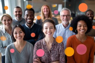 Workplace team with integrity-related traits highlighted visually