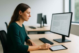 Job candidate taking a verbal reasoning IQ test on a computer.