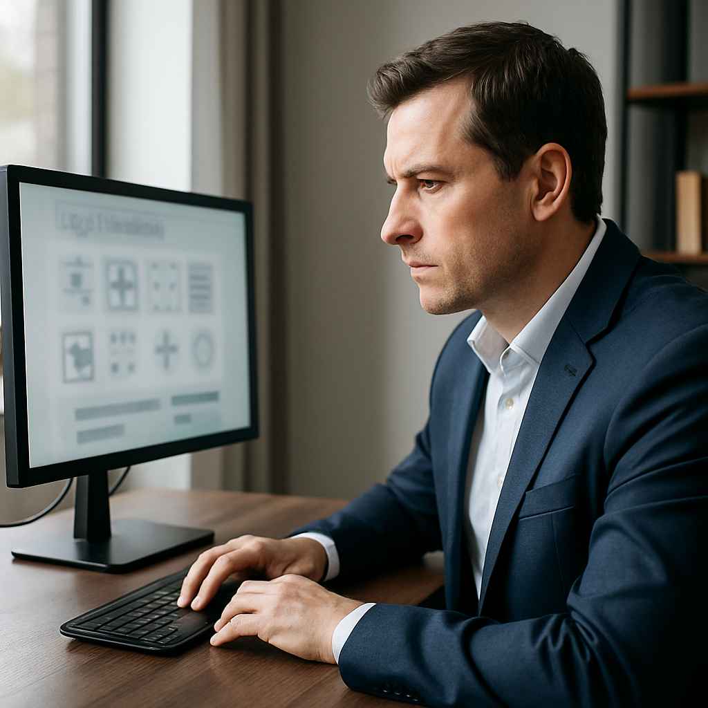 Executive completing a verbal and logical reasoning test at a modern desk.