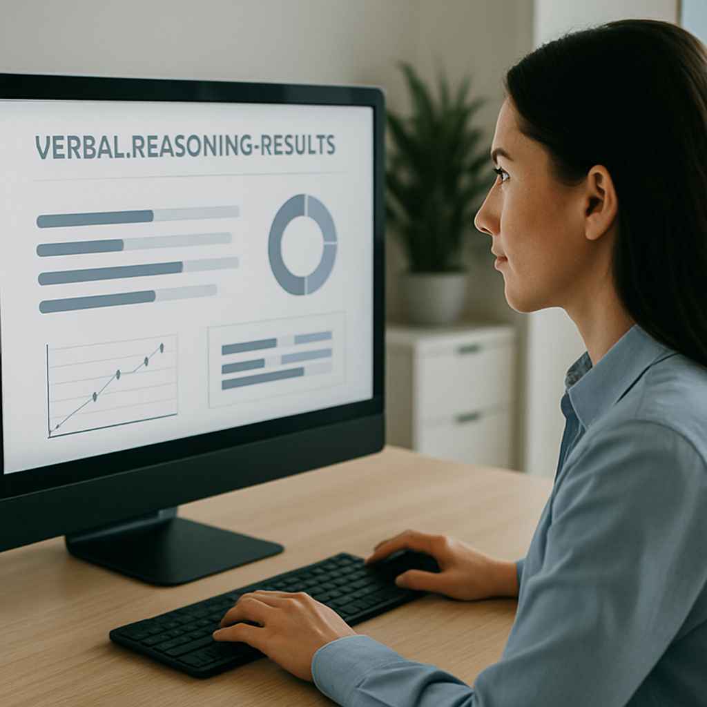 HR manager reviewing candidate’s verbal reasoning test results for hiring.