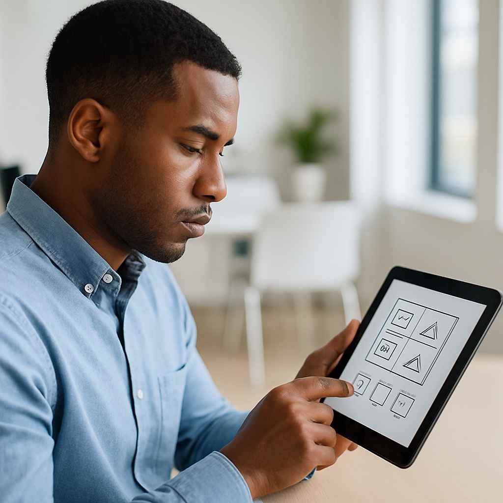 Candidate solving a non-verbal reasoning puzzle on a tablet.