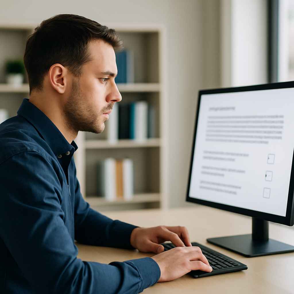 Candidate taking a verbal reasoning test on a computer in a hiring assessment.