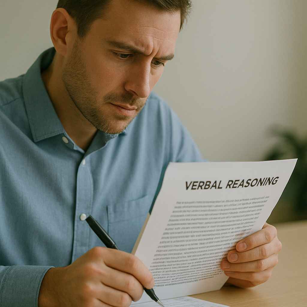 Candidate reviewing a passage during a verbal reasoning assessment.