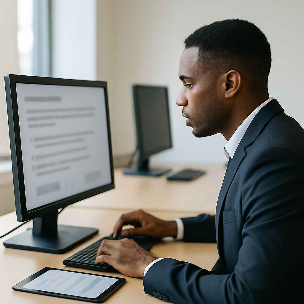Candidate taking a verbal reasoning test in a modern testing environment.