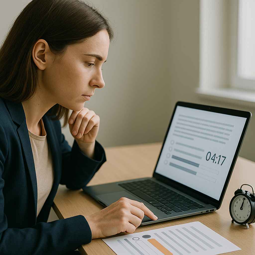 Candidate completing a timed psychometric verbal reasoning test during pre-employment screening.