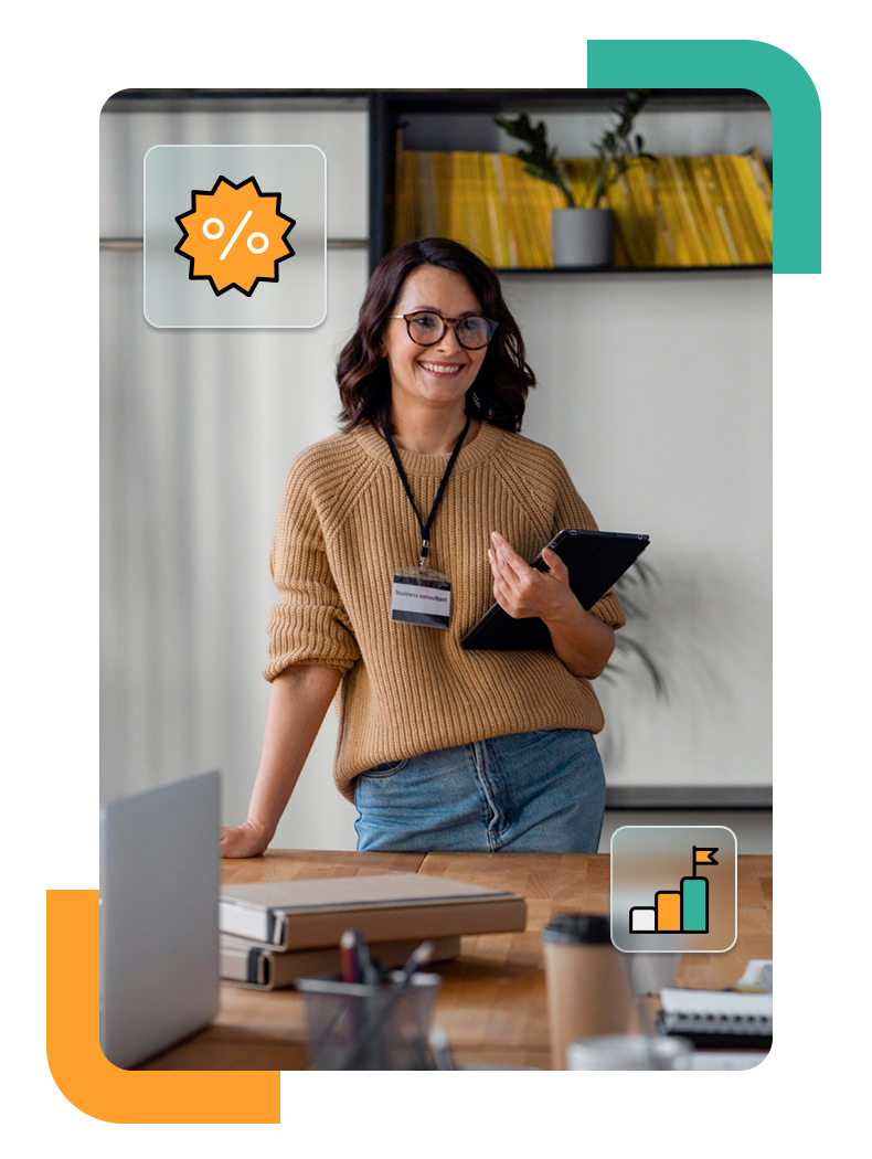 Confident female sales professional holding a tablet in a modern office, with overlay icons representing sales performance metrics and discount strategy.