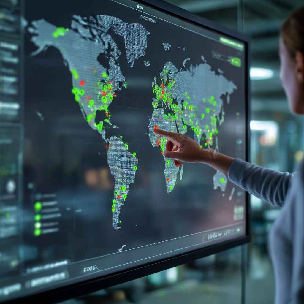 Digital map showing global supply chain with compliance status markers