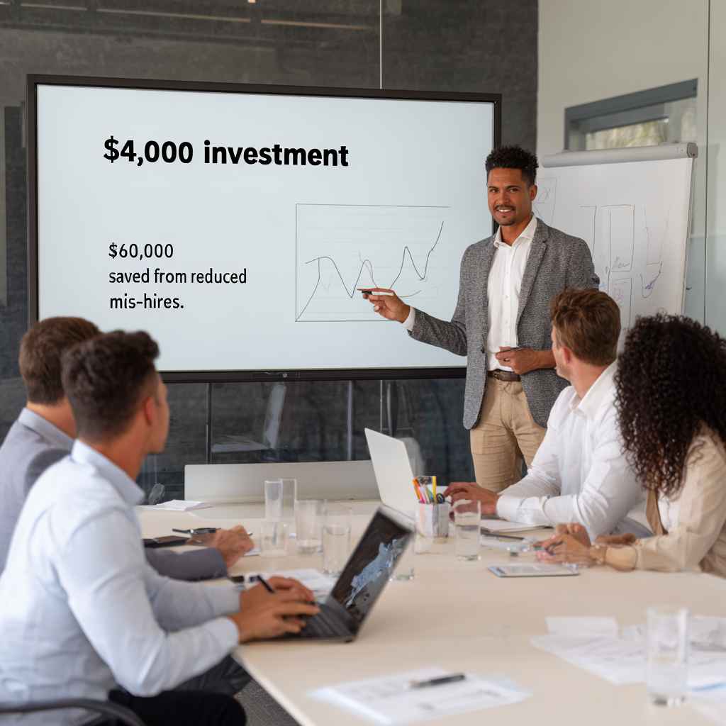 HR manager showing ROI of job knowledge testing to company executives.