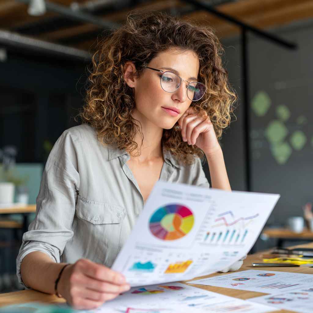 HR manager reviewing a job knowledge test validation report with performance benchmarks.