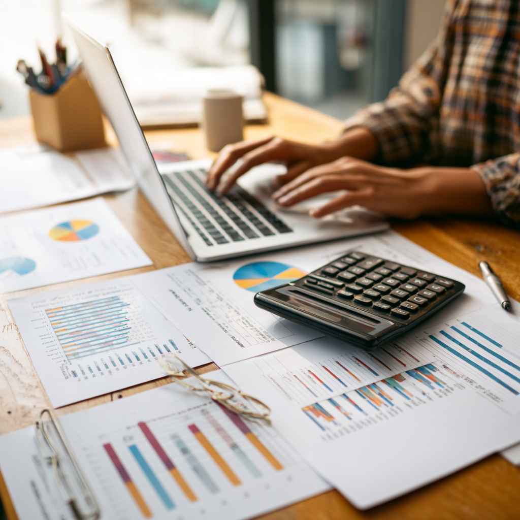 HR professional analyzing cost reports for job knowledge tests.