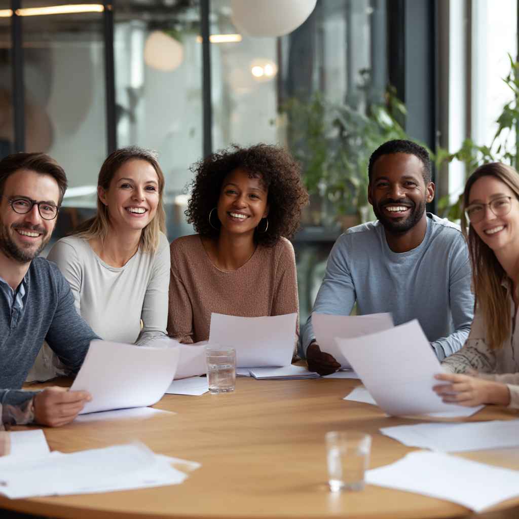 A diverse hiring team discussing integrity-focused candidate evaluations