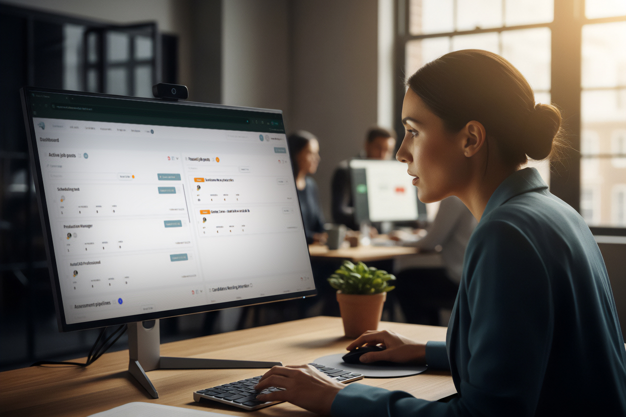 HR professional using applicant tracking system dashboard to manage job postings and candidate assessments in modern office.