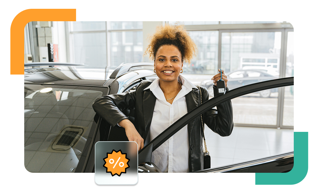 Smiling car saleswoman standing confidently next to a vehicle in a dealership showroom, holding up car keys with promotional icon overlay.
