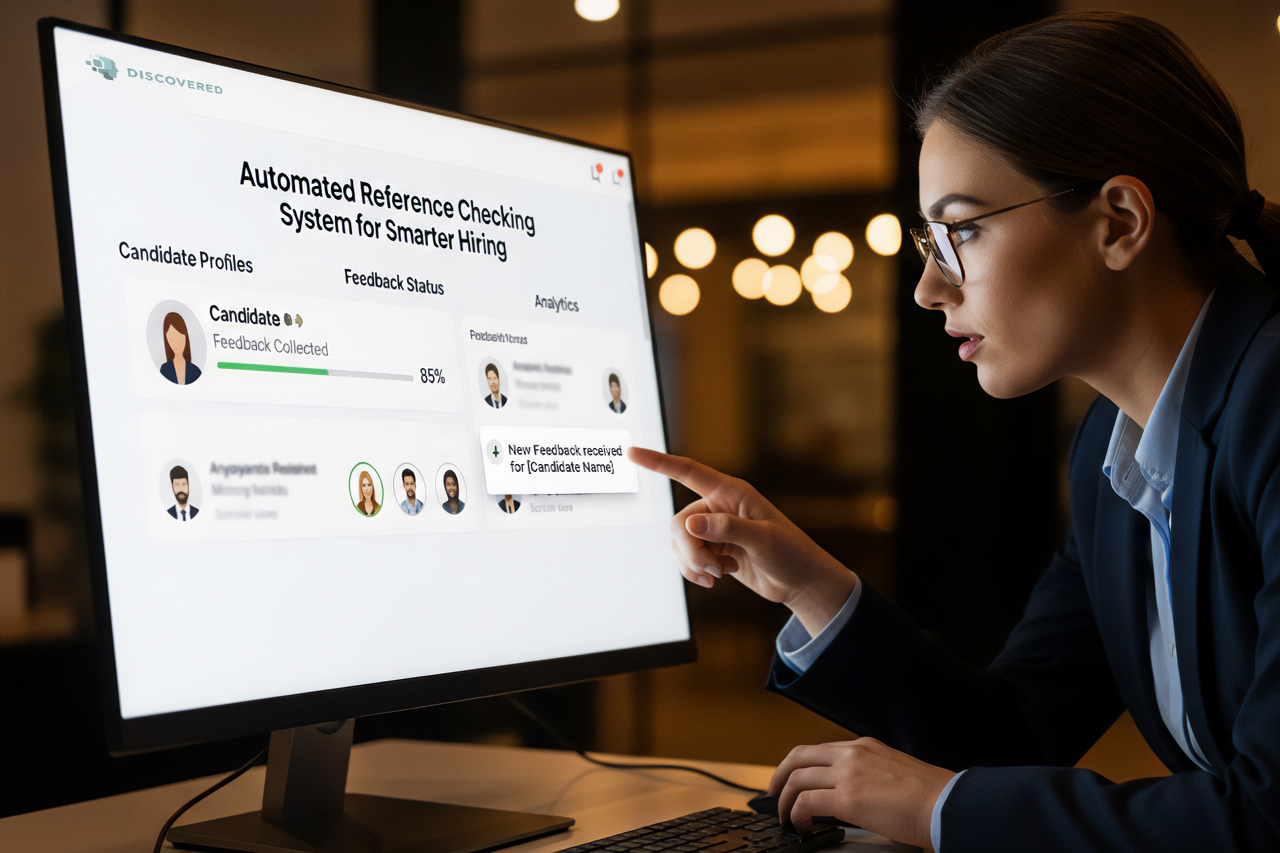 Businesswoman using automated reference checking software on desktop screen showing candidate feedback status and analytics for recruitment.