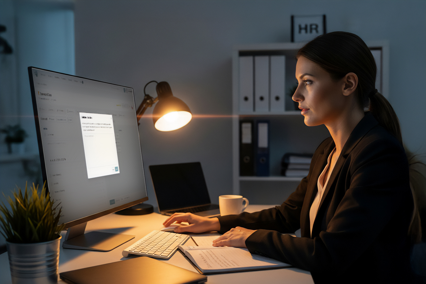 HR professional using candidate scorecards software to evaluate job applicants on a desktop computer in an office setting.