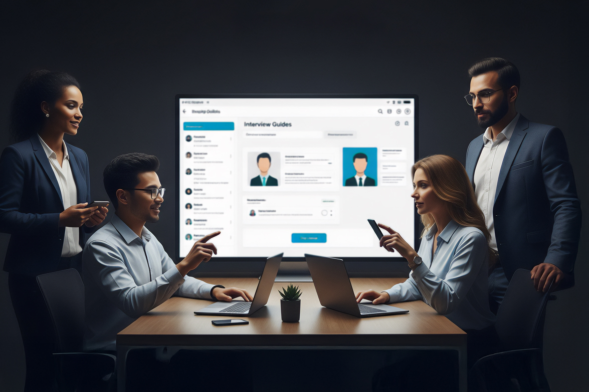 Group of professionals in meeting room using laptops and large screen to review interview guides and candidate profiles for hiring process.