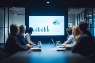 Group of HR professionals in a meeting room discussing candidate assessment reports projected on a screen.