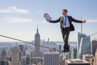 Supervisor walking a tightrope with clipboard, metaphor for leadership balance in hiring.