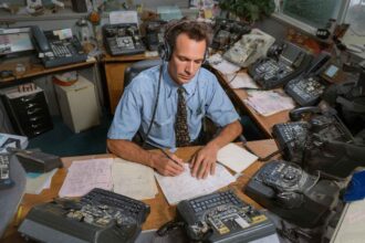 Telemarketer staying calm amid multiple ringing phones, symbolizing resilience in assessments.