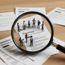 Magnifying glass revealing teams from resumes, metaphor for supervisor skill assessments.