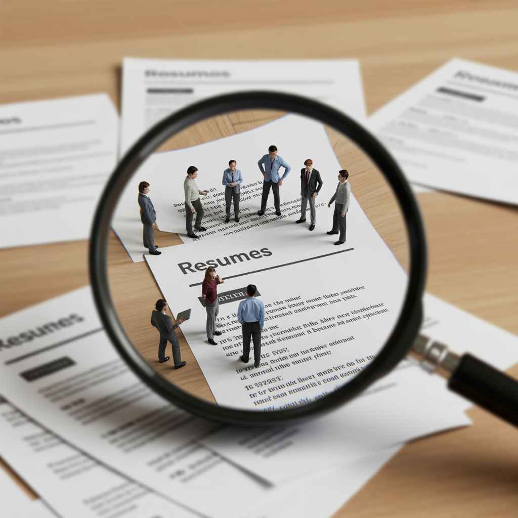 Magnifying glass revealing teams from resumes, metaphor for supervisor skill assessments.