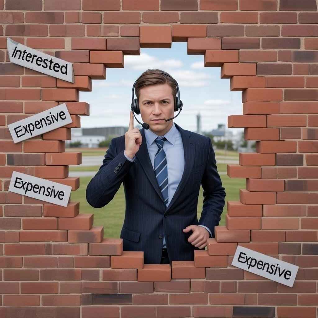 Telemarketer breaking through rejection wall, symbolizing assessments building resilience for cold calling success.