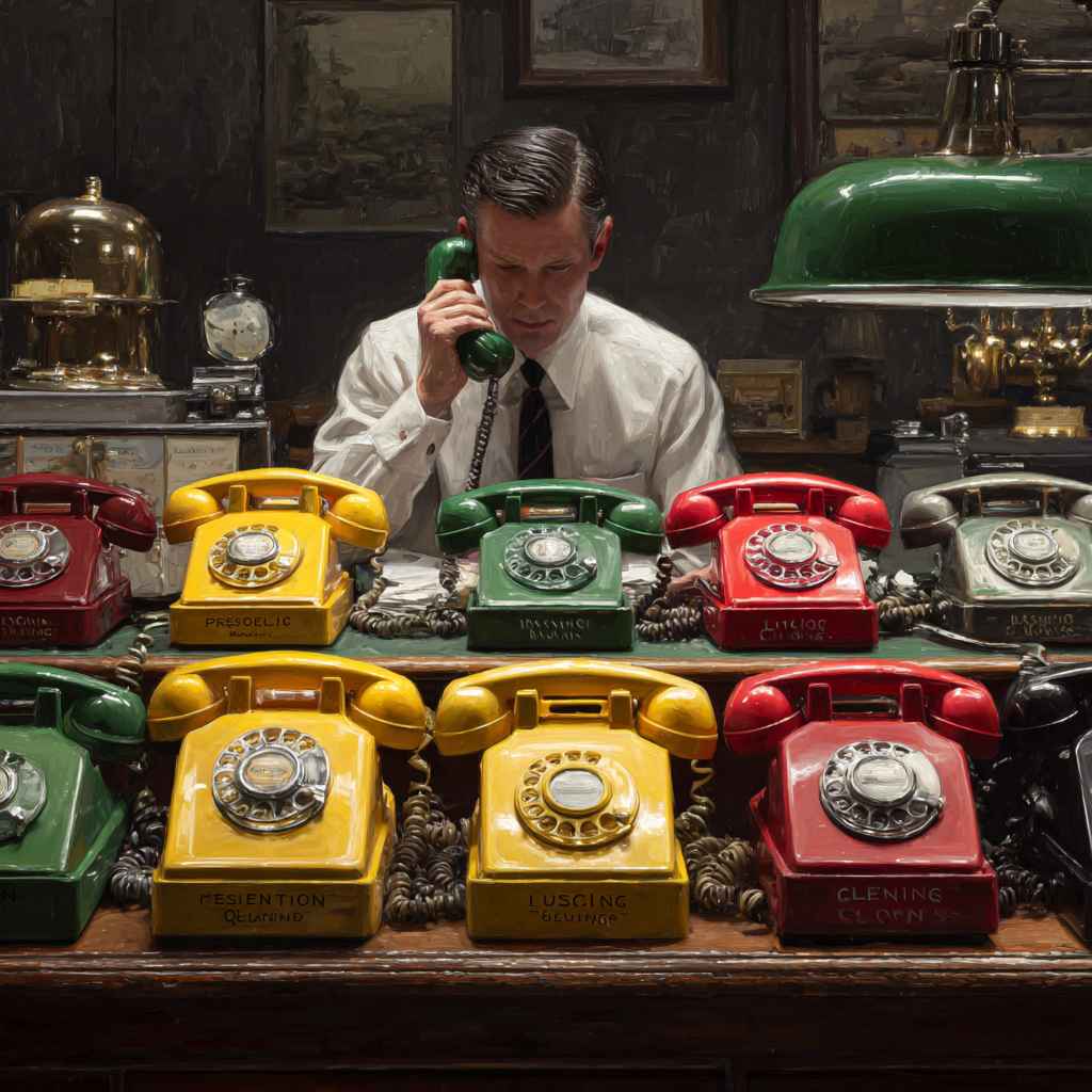 Recruiter choosing between telephones labeled with skills, symbolizing telemarketing assessment tools.
