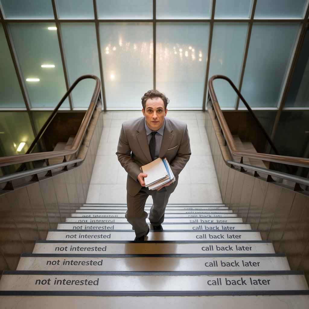 Realistic metaphor of resilience in telemarketing, climbing past rejections toward success.