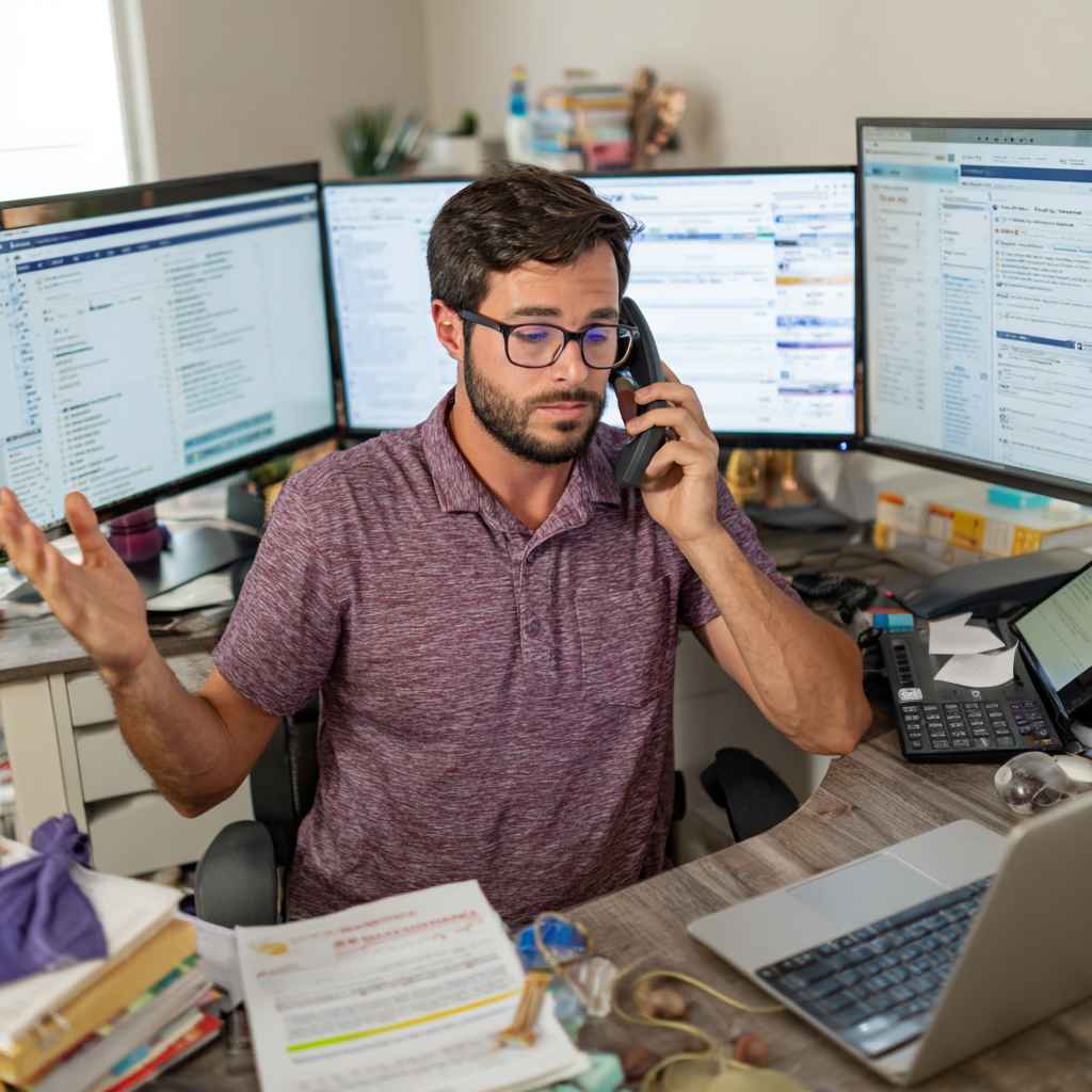 Telemarketer multitasking across screens, symbolizing tech fluency in remote telemarketing tests.