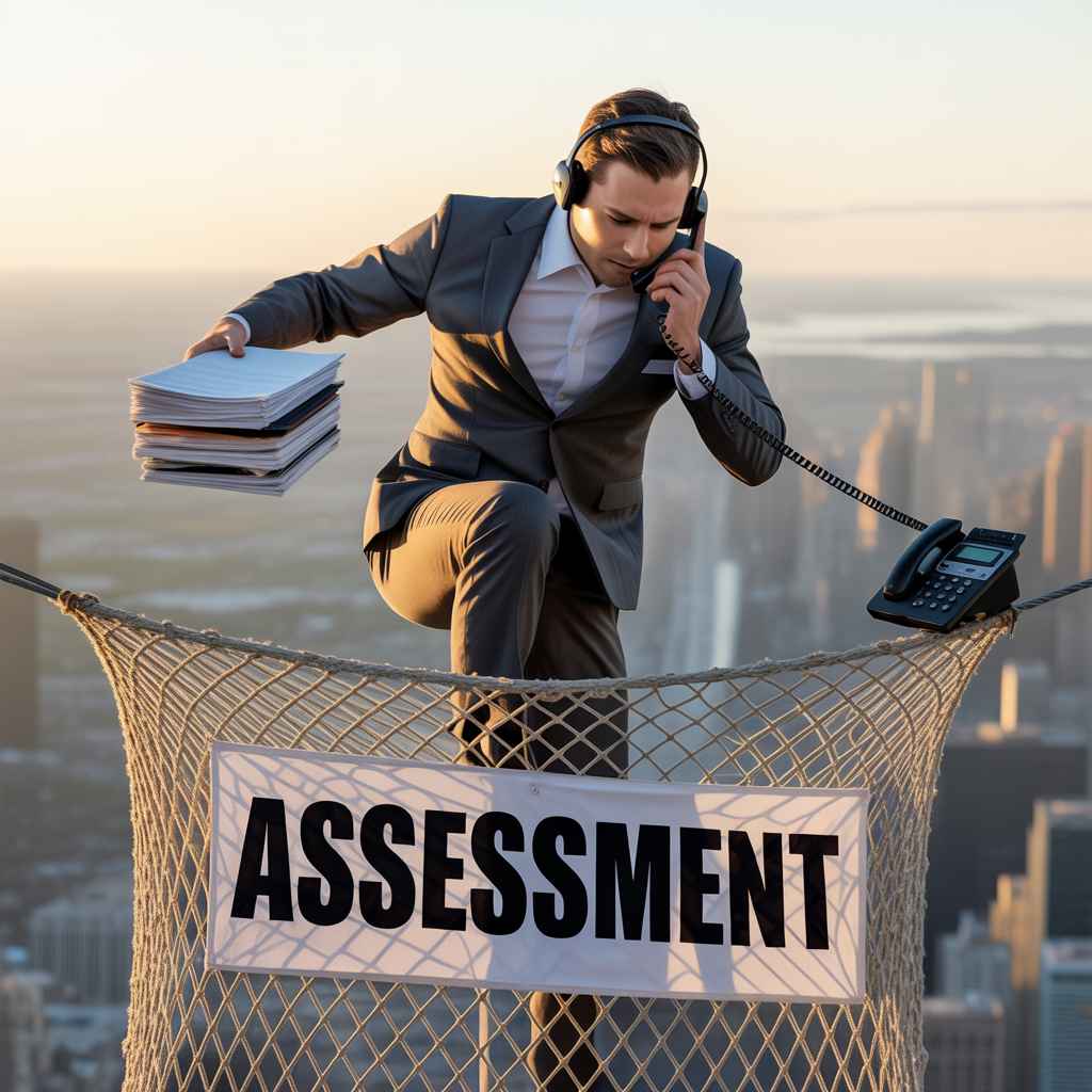 Metaphor showing telemarketing assessments as the safety net that prevents hiring missteps.