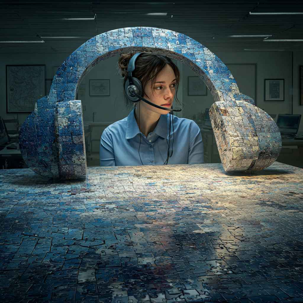 Recruiter completing a telephone-shaped puzzle with a headset piece, symbolizing finding the right telemarketing hire.