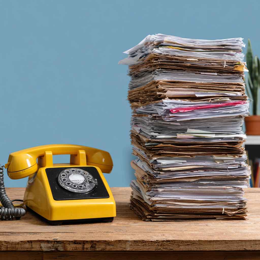 A stack of resumes contrasted with a ringing phone, symbolizing how real skills outweigh appearances in telemarketing.