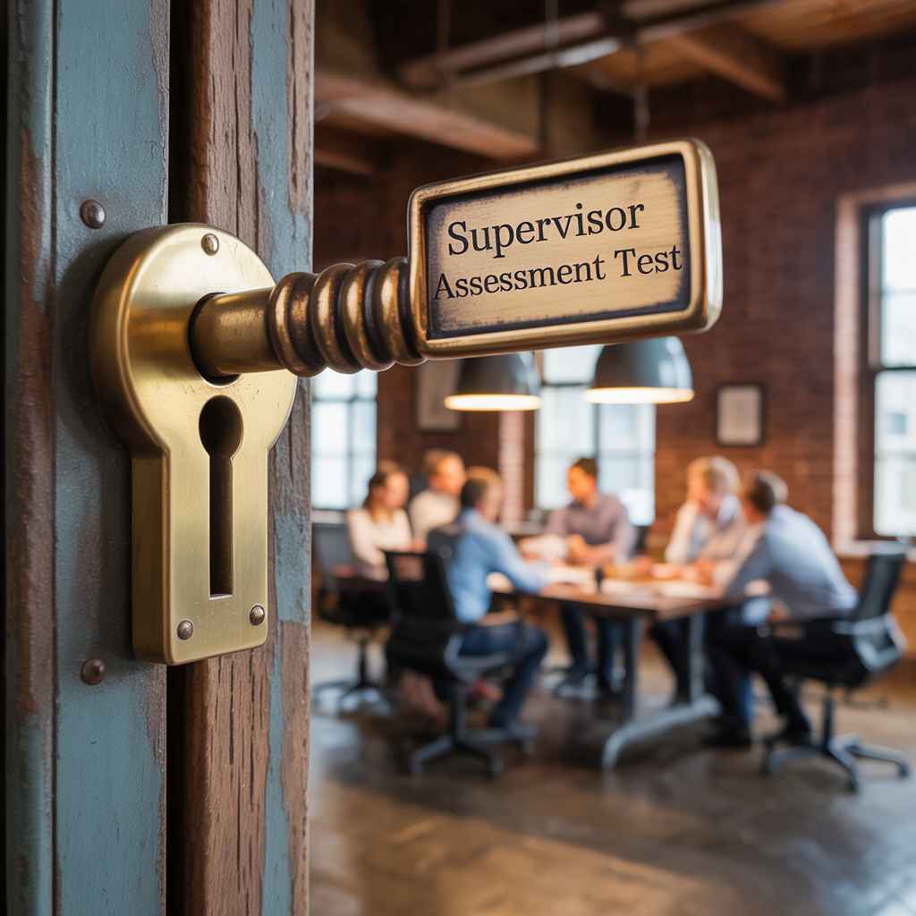 Key labeled “Supervisor Assessment Test” unlocking team success, metaphor for smart hiring.