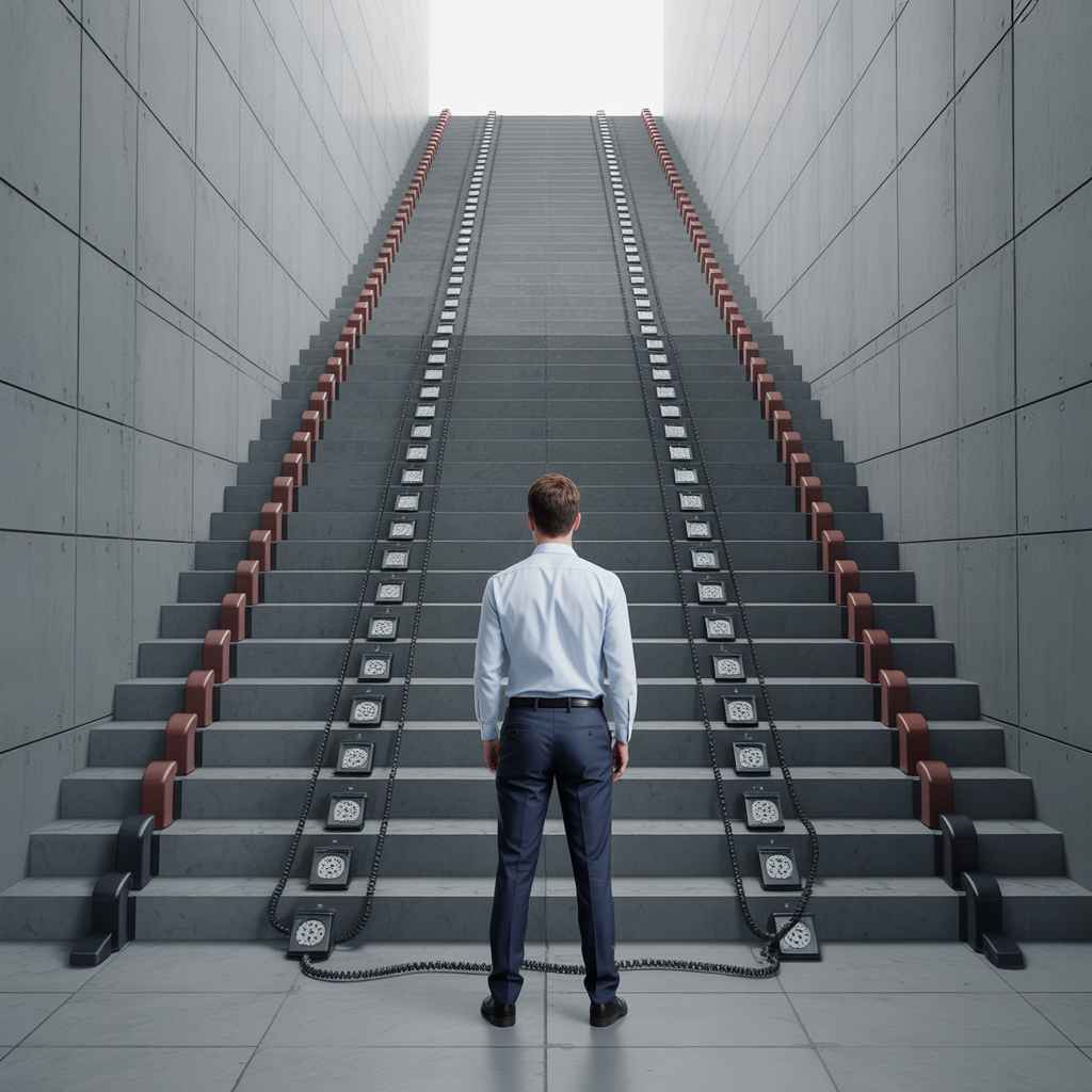 Metaphor of telemarketer climbing skill-based telephone stairs to show growth through assessments.