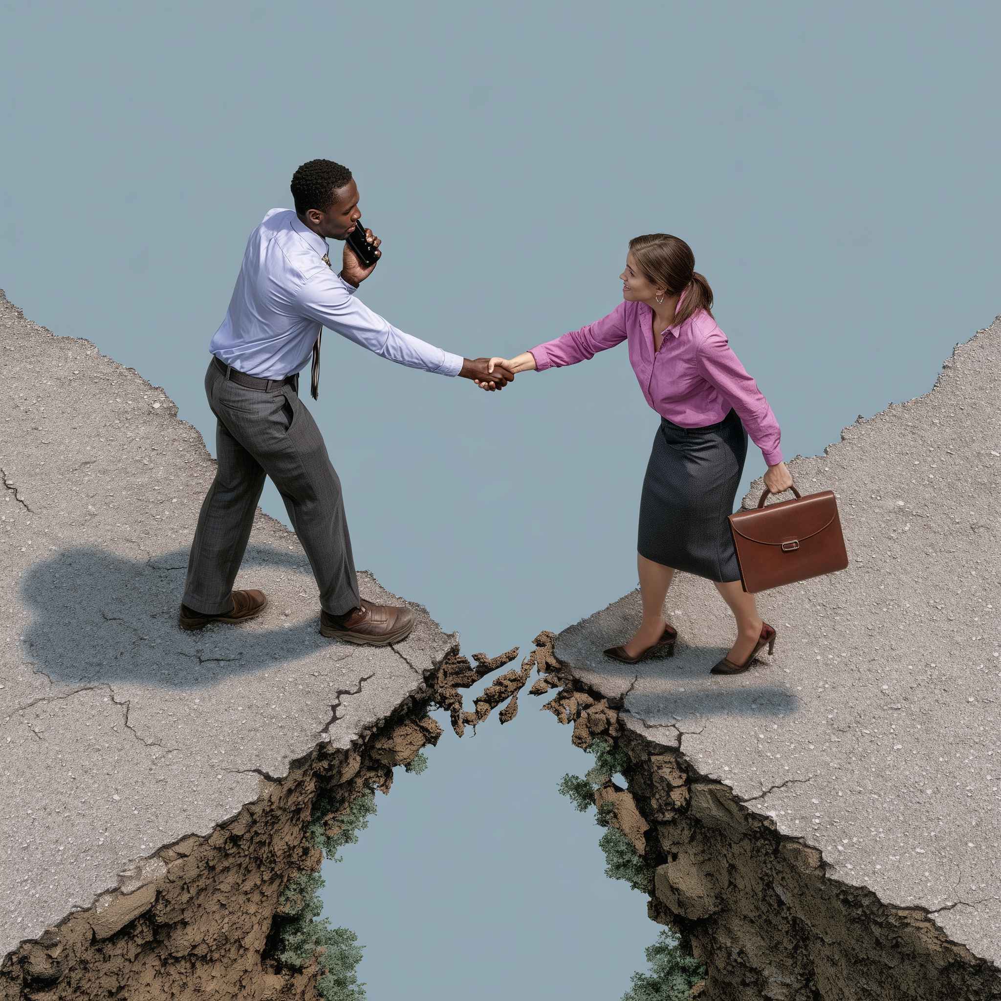 Realistic metaphor of telemarketing rapport-building as a bridge between caller and customer.
