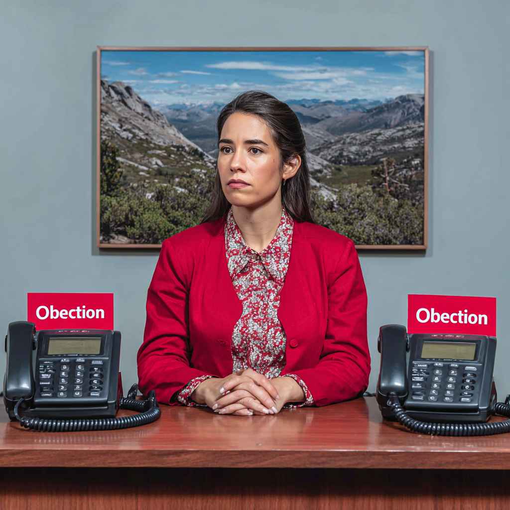 Telemarketer facing two phones, one calm and one marked “Objection,” symbolizing scenario-based skill testing.