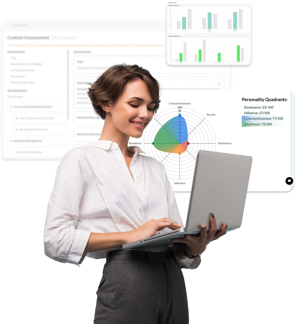 Smiling professional woman holding a laptop with personality assessment dashboard showing DISC quadrants and test results.
