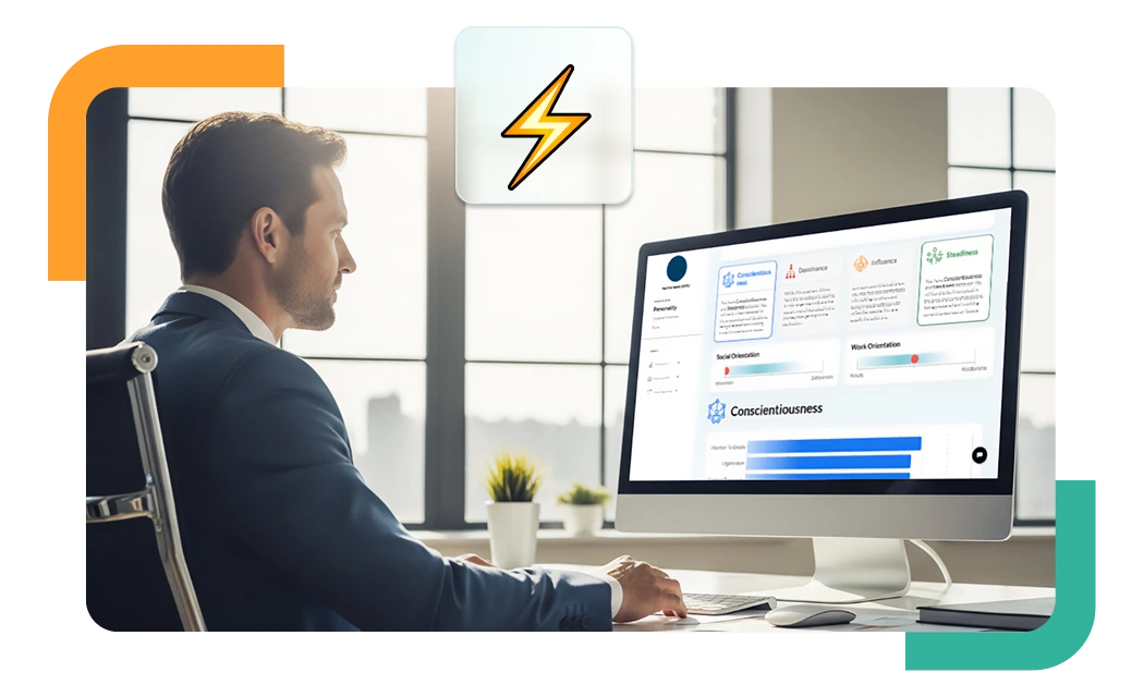 Modern office setting with DISC assessment infographic highlighting behavioral workstyle tests.