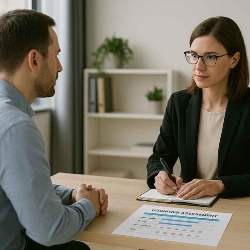 HR manager discussing cognitive test results with a male candidate during an interview.