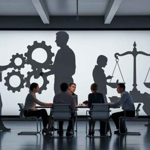 Employees in meeting whose shadows form symbolic words like teamwork, metaphor for invisible culture shaping behavior.