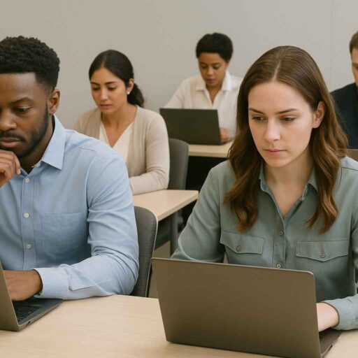 Candidates taking cognitive reasoning tests during the screening process.