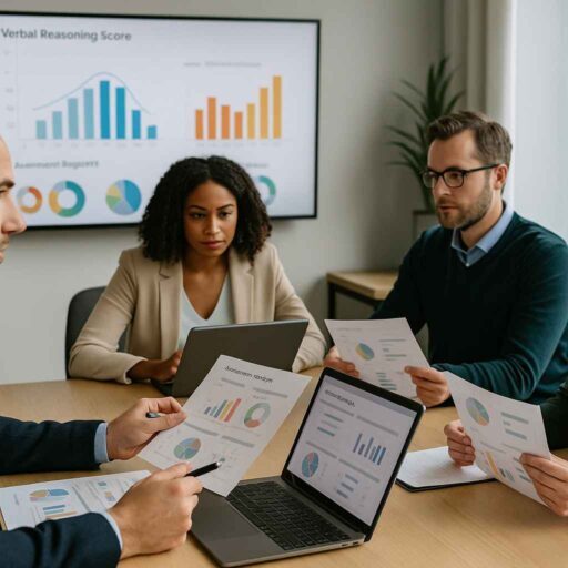 Hiring managers reviewing verbal reasoning test performance during candidate evaluation.