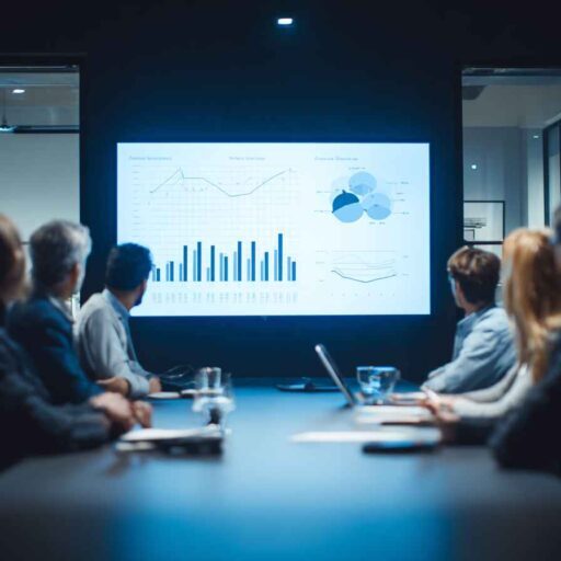 Group of HR professionals in a meeting room discussing candidate assessment reports projected on a screen.
