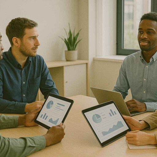Interview panel evaluating candidates using digital numerical reasoning assessments.
