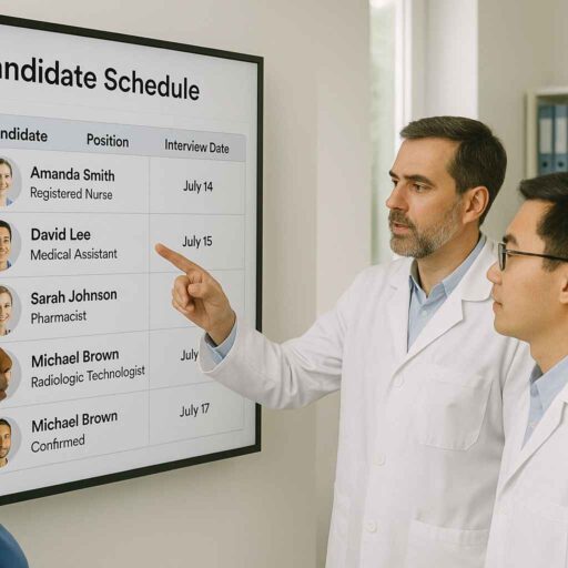 Healthcare team reviewing ATS hiring data across multiple roles.