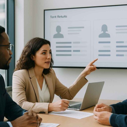 Hiring team evaluating candidate reasoning scores in a meeting.