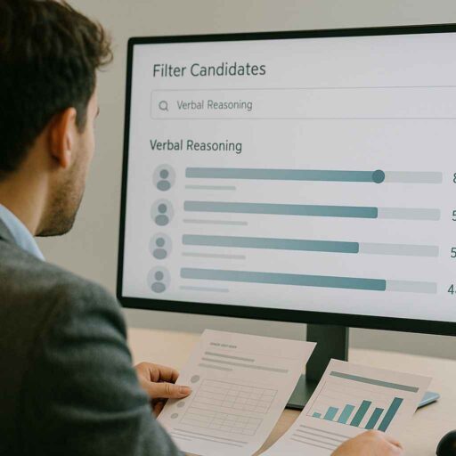 Recruiter filtering candidates using verbal reasoning test scores in an applicant tracking system.